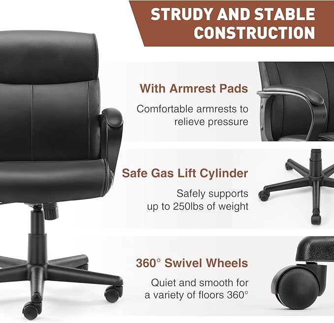 Office Chair - Mid-Back Computer Desk Chair with Armrests, Height Adjustable Home Chair, 360-Degree Swivel, Lumbar Support, PU Leather, Black, Modern - LeafyLoom