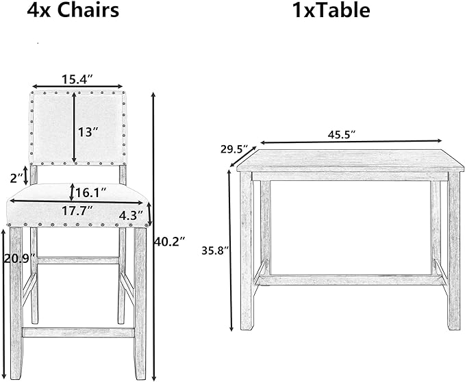 Rustic Style Wooden Counter Height 4 Upholstered Chairs, Long-Lasting Solid Rubber Rectangular Room, Kitchen, Small Place, 5 Piece Dining Table Set, Espresso 36 - LeafyLoom