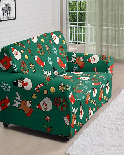 FKELYI Christmas Decorations Green Sofa Slipcover Santa Claus Stretch Sofa Couch Cover for Indoor Washable Furniture Protector with Elastic Bottom M FKELYI