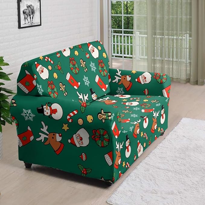 FKELYI Christmas Decorations Green Sofa Slipcover Santa Claus Stretch Sofa Couch Cover for Indoor Washable Furniture Protector with Elastic Bottom M FKELYI