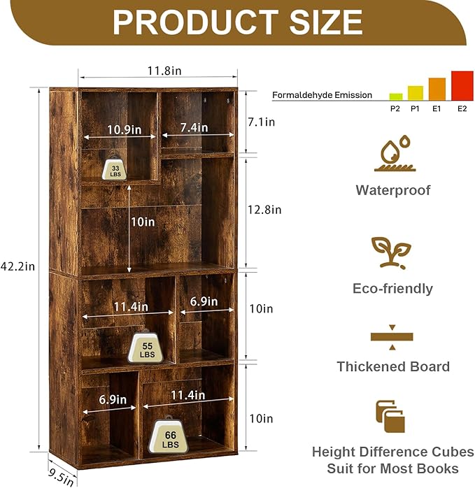VECELO 42" Modern Bookshelf, 7 Cube Organizer Bookcase,Fits Tallest Hardcovers, Horizontal Available,Floor Standing Display,Easy Assembly, Vintage Brown - LeafyLoom