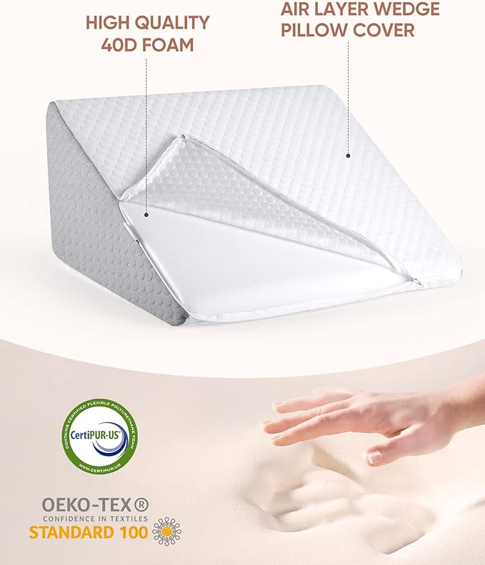 Forias Knee Wedge Pillow 8" Pure Memory Foam Bed Wedge Pillow for Sleeping After Surgery Triangle Pillow for Knee Support Leg Elevation Sciatica Knee Hip Back Pain Relief - Gray & White - LeafyLoom