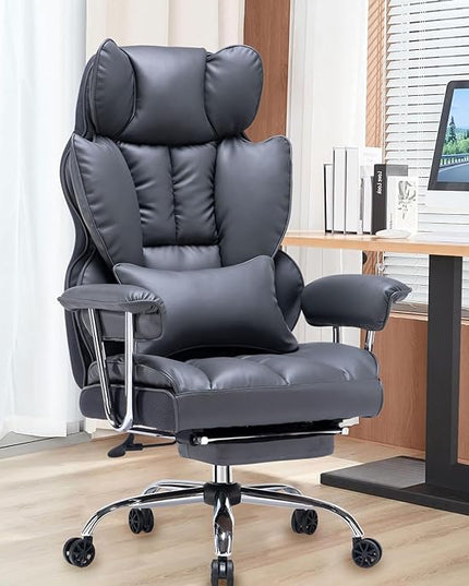 Desk Office Chair 400LBS, Big and Tall Office Chair, PU Leather Computer Chair, Executive Office Chair with Leg Rest and Lumbar Support, Dark Grey Office Chair - LeafyLoom
