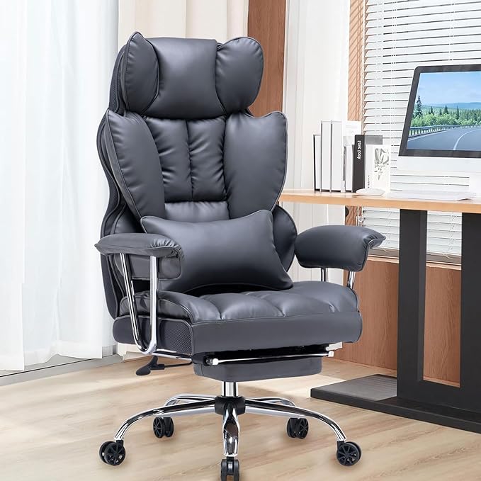 Desk Office Chair 400LBS, Big and Tall Office Chair, PU Leather Computer Chair, Executive Office Chair with Leg Rest and Lumbar Support, Dark Grey Office Chair - LeafyLoom