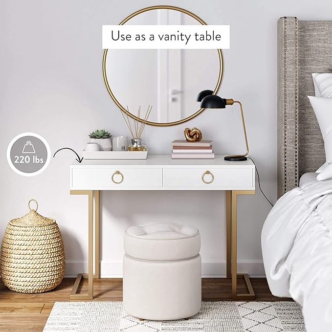 Nathan James Leighton Two-Drawer Writing Glam Accents Brass, Home Office Computer Desk or Vanity Table, 2, White/Gold, Small - LeafyLoom