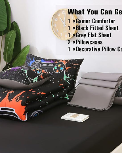 JQinHome Queen Gamer Comforter Sets for Boys&Girls,6 Piece Bed in A Bag 3D Video Game Bedding -All Season Microfiber Gamer Bedding Sets for Kids, with Pillowcase, Flat & Fitted Sheet,Cushion Cover - LeafyLoom