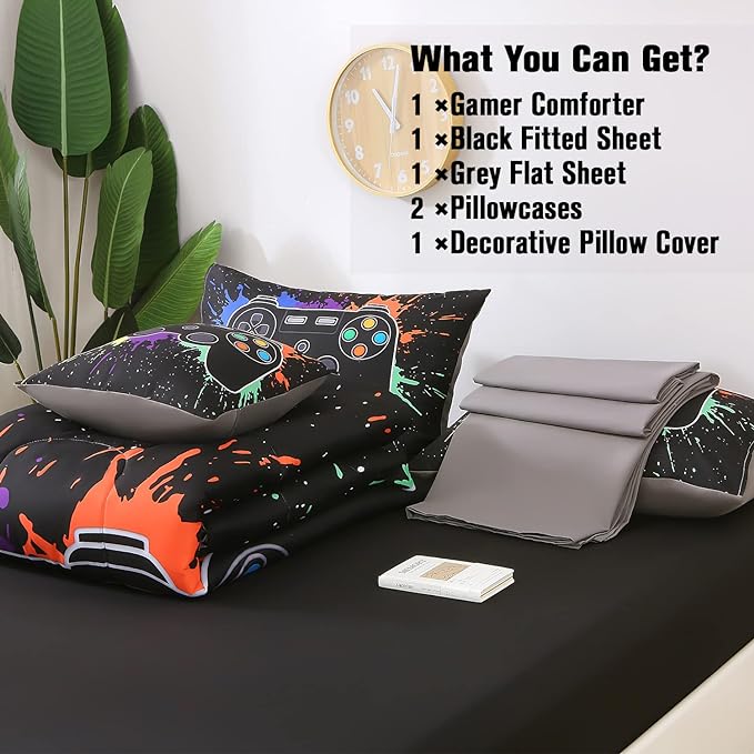 JQinHome Full Gamer Comforter Sets for Boys, 6 Piece Bed in A Bag 3D Video Game Bedding -All Season Soft Microfiber Gamer Bedding Sets, with Pillowcases, Flat Sheet, Fitted Sheet, Cushion Cover - LeafyLoom