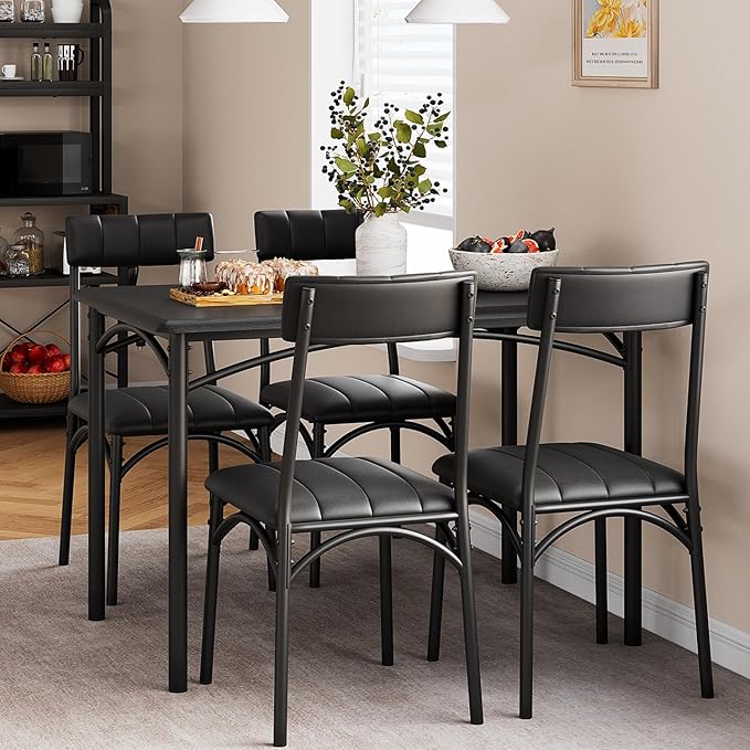 IDEALHOUSE Dining Table Set for 4, Kitchen Table and Chairs for 4 with Upholstered Chairs, 5 Piece Rectangular Kitchen Table Set, Dining Room Table Set for Small Space, Apartment, Rustic Black - LeafyLoom