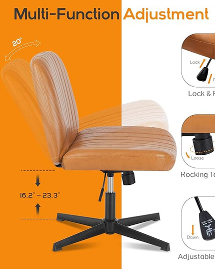 Criss Cross Chair, Cross Legged Office Chair, Wide Comfty Desk Chair, No Wheels Armless Computer Task Chair, Swivel Vanity Home Chair, Height Adjustable - LeafyLoom