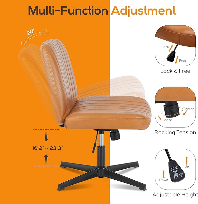Criss Cross Chair, Cross Legged Office Chair, Wide Comfty Desk Chair, No Wheels Armless Computer Task Chair, Swivel Vanity Home Chair, Height Adjustable - LeafyLoom