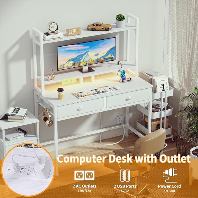 Furologee Small White Computer Desk with Power Outlet and 2 Fabric Drawers, 40" Makeup Vanity Desk with LED Light, Home Office Desk with Monitor Stand, Gaming Desk with Hutch for Small Space - LeafyLoom