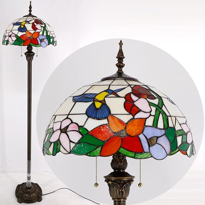 WERFACTORY Tiffany Floor Lamp Hummingbird Amber Stained Glass Standing Reading Light 16X16X64 Inches Antique Pole Corner Lamp Decor Bedroom Living Room Home Office S101 Series - LeafyLoom