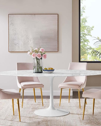 Modway Lippa 78" Oval-Shaped Mid-Century Modern Dining Table with Artificial Marble Top and White Base - LeafyLoom