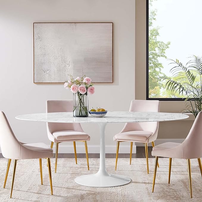 Modway Lippa 78" Oval-Shaped Mid-Century Modern Dining Table with Artificial Marble Top and White Base - LeafyLoom