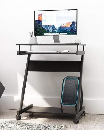 sogesfurniture Small Computer Desk on Wheels, Mobile Computer Desk Small Rolling Work Workstation with Printer Shelf and Keyboard Space Computer Workstation for Home and Office,Black - LeafyLoom