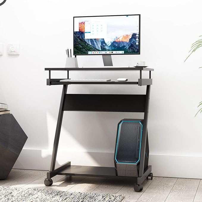 sogesfurniture Small Computer Desk on Wheels, Mobile Computer Desk Small Rolling Work Workstation with Printer Shelf and Keyboard Space Computer Workstation for Home and Office,Black - LeafyLoom