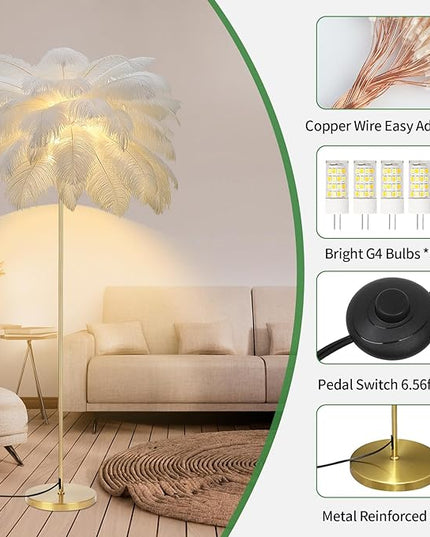 Feather Lamp, Natural Ostrich Feather Floor Lamp for Living Room, 63in Height, 3 Color Temperatures Bright LED Bulbs, Modern Funky Tall Lamp Standing Light for Bedroom (White) - LeafyLoom