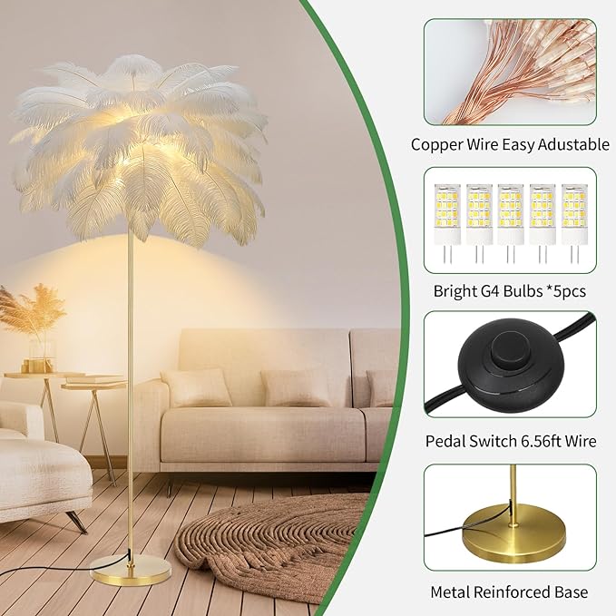 Feather Lamp, Natural Ostrich Feather Floor Lamp for Living Room, 63in Height, 3 Color Temperatures Bright LED Bulbs, Modern Funky Tall Lamp Standing Light for Bedroom (White) - LeafyLoom