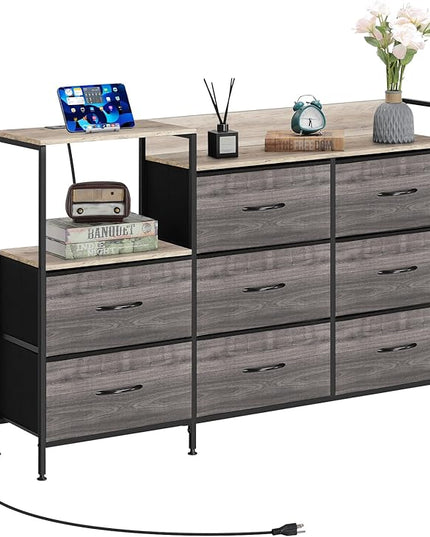 MOOACE TV Stand with Charging Station, 52'' Long TV Stand with 8 Storage Drawers and Open Shelves, Chests Dresser for Bedroom, Living Room, Light Gray - LeafyLoom