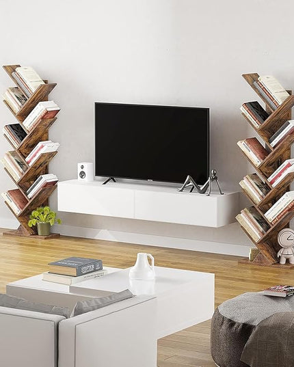 Function Home 9 Tier Tree Bookshelf, Modern Tall Geometric Bookcase, Freestanding Book Shelf, Wood Floor Storage Shelf for Living Room, Bedroom, Home Office,Rustic Brown - LeafyLoom