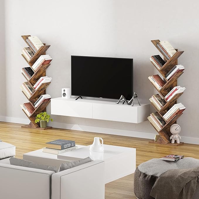 Function Home 9 Tier Tree Bookshelf, Modern Tall Geometric Bookcase, Freestanding Book Shelf, Wood Floor Storage Shelf for Living Room, Bedroom, Home Office,Rustic Brown - LeafyLoom