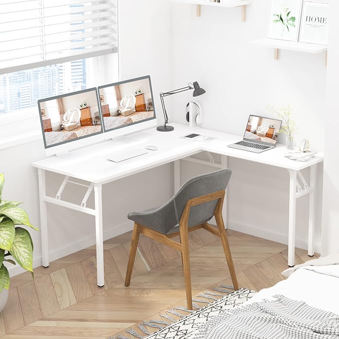 DlandHome Reversible L-Shaped Desk Large Corner Desk Folding Table Computer Desk Home Office Table Computer Workstation, White DND-ND11-WW - LeafyLoom