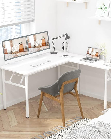 DlandHome L-Shaped Folding Computer Desk 55inches and 55inches Left and Right Adjustable Half-Installed Home Office Workstation Corner Table,White +White - LeafyLoom