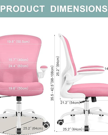 Ergonomic Office Chair, Lumbar Support Desk Chair with Flip-up Armrest and Breathable Mesh, Height Adjustable Swivel Office Chair Pink - LeafyLoom