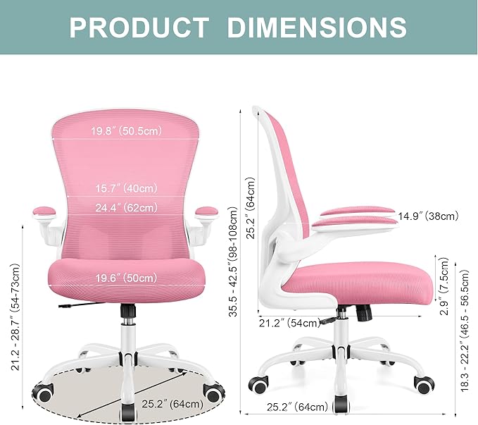 Ergonomic Office Chair, Lumbar Support Desk Chair with Flip-up Armrest and Breathable Mesh, Height Adjustable Swivel Office Chair Pink - LeafyLoom