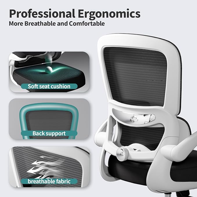 Office Chair - Ergonomic Desk Chair with Adjustable Lumbar Support, Mesh Computer Chair, Executive Chair for Home Office Comfortable Lumbar Support (White+Black) - LeafyLoom