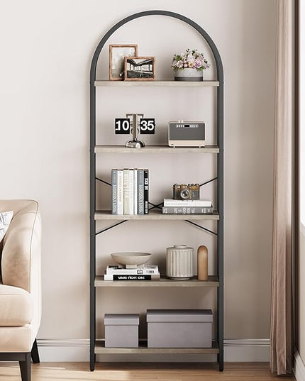IDEALHOUSE Bookshelf 5 Tier Bookcase Arched Display Racks Tall Standing Bookshelves Metal Frame Farmhouse Storage Rack Shelf Grey Book Shelf for Bedroom, Living Room, Home Office - LeafyLoom