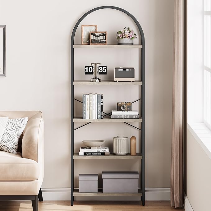 GAOMON 5 Tier Bookshelf Arched Bookcase Modern Standing Bookshelves Tall Display Racks Metal Book Shelf for Bedroom, Living Room, Home Office - LeafyLoom