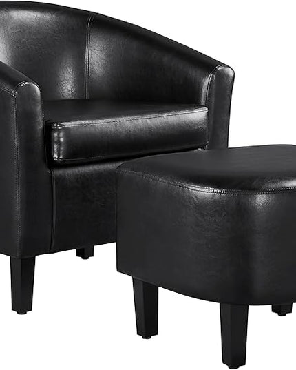 Yaheetech Accent Chair with Ottoman Set, Modern Faux Leather Upholstered Soft Barrel Chair and Footrest, Club Armchair and Footstool for Living Room/Bedroom/Reading Room/Guest Room, Black - LeafyLoom