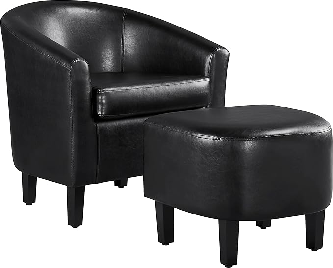 Yaheetech Accent Chair with Ottoman Set, Modern Faux Leather Upholstered Soft Barrel Chair and Footrest, Club Armchair and Footstool for Living Room/Bedroom/Reading Room/Guest Room, Black - LeafyLoom