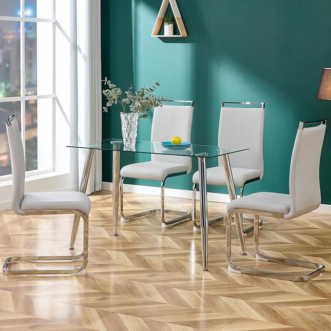 Dining Chairs Set, Kitchen Modern Metal Chairs with Faux Leather Padded Seat High Back and Sturdy Chrome Legs, Chairs for Dining Room (Light Gray, Set of 2) - LeafyLoom