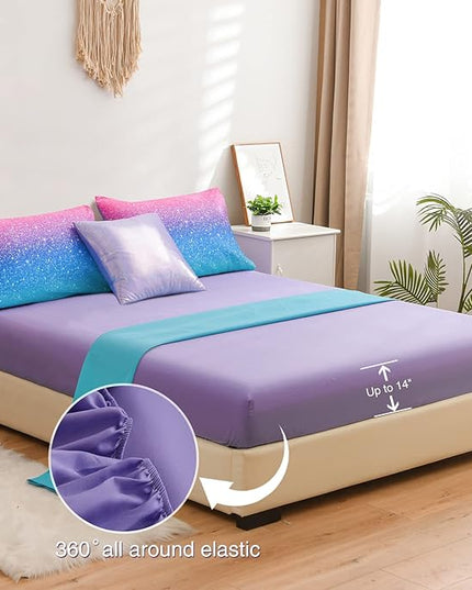 A Nice Night 6Pcs Gradient Glitter Bedding Set for Girls Full Size, Colorful Rainbow Galaxy Comforter Set, Ultra Soft Bedding Sets, Blue - LeafyLoom