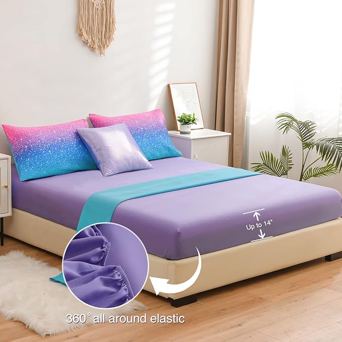 A Nice Night 6Pcs Gradient Glitter Bedding Set for Girls Twin Size, Colorful Rainbow Galaxy Comforter Set, Ultra Soft Bedding Sets, Blue - LeafyLoom