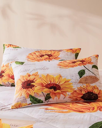 Sunflower Comforter Sets,Seamless Pattern with Hand Drawn Vibrant Yellow Watercolor Sunflowers on The Background,Decorative Bedding Comforter Sets with 2 Pillow Shams, Twin Size - LeafyLoom