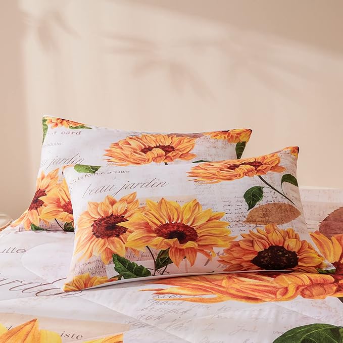 Sunflower Comforter Sets,Seamless Pattern with Hand Drawn Vibrant Yellow Watercolor Sunflowers on The Background,Decorative Bedding Comforter Sets with 2 Pillow Shams, Twin Size - LeafyLoom