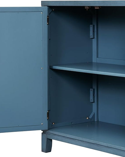 60" Retro Mirrored Buffet Sideboard with Metal Pulls,Accent Farmhouse-Style Wooden Storage Cabinet,W/ 4-Door,for Hallway,Entryway,Bedroom and Living Room,Navy - LeafyLoom