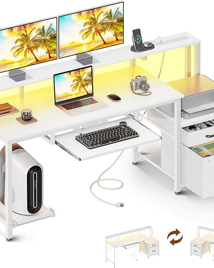 AODK 63 Inch Computer Desk with Power Outlet and LED Light, Reversible Office Desk with File Cabinet and Drawer, Gaming Desk with Keyboard Tray, Study Table with Full Monitor Riser and PC Stand, White - LeafyLoom