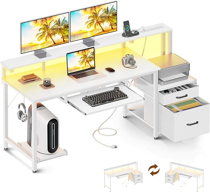 AODK 63 Inch Computer Desk with Power Outlet and LED Light, Reversible Office Desk with File Cabinet and Drawer, Gaming Desk with Keyboard Tray, Study Table with Full Monitor Riser and PC Stand, White - LeafyLoom