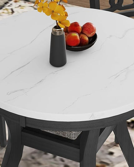 5-Piece Retro Round Dining Table Set with Faux Marble Veneer and Bottom Shelf, 4 PU Leather Upholstered Chairs, for Kitchen, Breakfast Nook, Bar, Living Room, Gray, 35" L x 35" W x 30" H - LeafyLoom