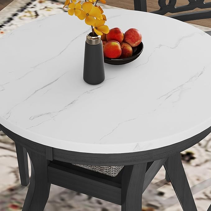 5-Piece Retro Round Dining Table Set with Faux Marble Veneer and Bottom Shelf, 4 PU Leather Upholstered Chairs, for Kitchen, Breakfast Nook, Bar, Living Room, Gray, 35" L x 35" W x 30" H - LeafyLoom