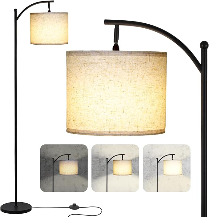 Modern Floor Lamp, 3-Ways Dimmable Standing Lamp with Linen Shade, Adjustable Height, Foot-Step Switch, Reading Lamp for Living Room, Bedroom, Office, 9W Bulb Included (Black) - LeafyLoom