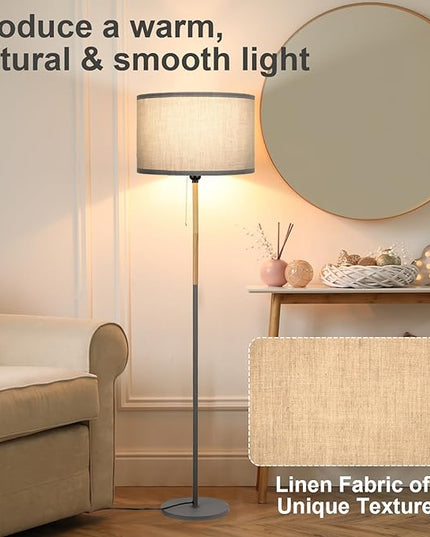 Modern Floor Lamp for Living Room Traditional Farmhouse Floor Lamps Mid-Century Pole Lamp with Linen Lamp Shade, Standing Tall Floor Lamps for Bedrooms and Office (Grey) - LeafyLoom