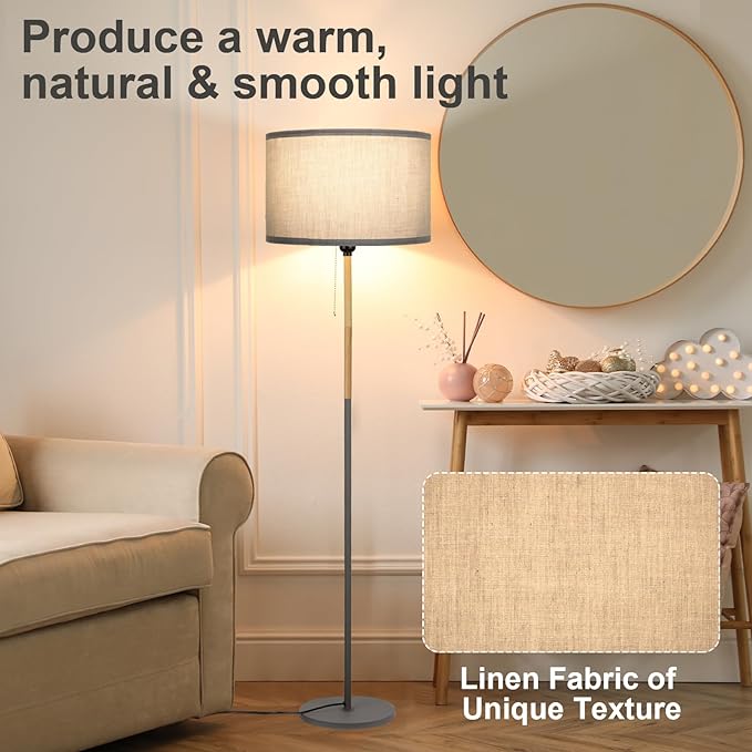 Modern Floor Lamp for Living Room Traditional Farmhouse Floor Lamps Mid-Century Pole Lamp with Linen Lamp Shade, Standing Tall Floor Lamps for Bedrooms and Office (Grey) - LeafyLoom