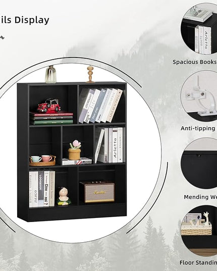 YAHARBO Black 7 Cube Bookshelf,3 Tier Modern Horizontal Bookcase,Wooden Low Book Shelf Display Storage Cabinet with Base,Floor Standing Short Bookshelves Open Organizer for Bedroom,Living Room,Office - LeafyLoom