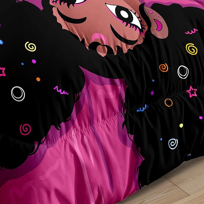 Black African American Girls Full Size Comforter Sets - Black Girl Full Size Bedding Sets for Girls Pink Princess Bedroom Sets Room Decor Full Size Comforter Set, 1 Comforter+2 Pillowcases - LeafyLoom