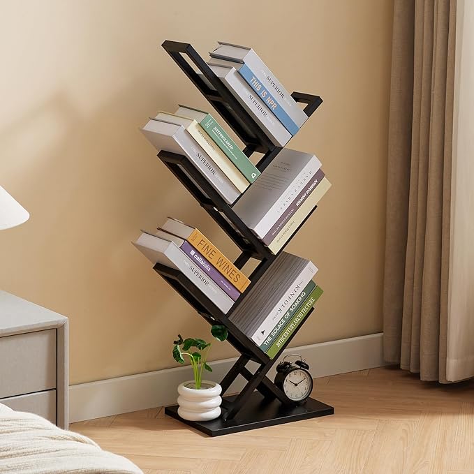 5 Tier Tree Bookshelf, Wisdom Tree Bookshelf, Modern Corner Book Shelfe, Small Bookshelf for Small Spaces, Utility Organizer for CDs/Books/Home Office/Living/Bedroom Room-Black - LeafyLoom